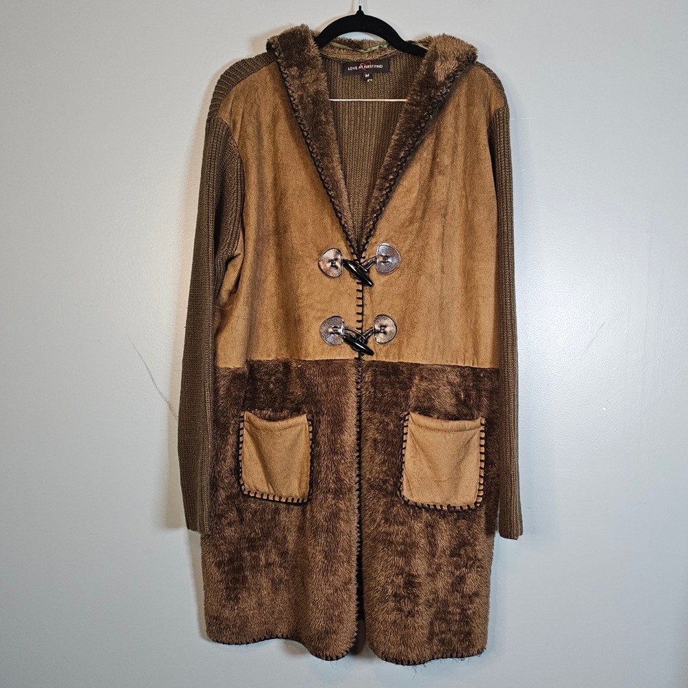 LOVE AT FIRST FIND Women's Olive Green Faux Fur Trimmed Boho Cardigan Sweater M